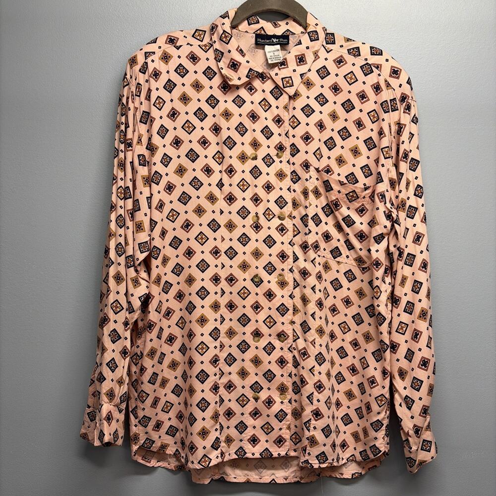 VTG Hunters Run Women’s S Pink Button-up Blouse/Geometric Pattern/Double Buttons